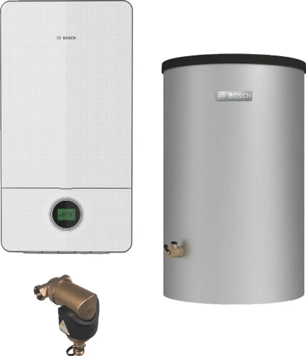 Gasgerät von Bosch mit digitaler Anzeige, kombiniert mit einem silbernen Wasserbehälter und einem Anschlussstück. Das gesamte Set wirkt kompakt und funktional.